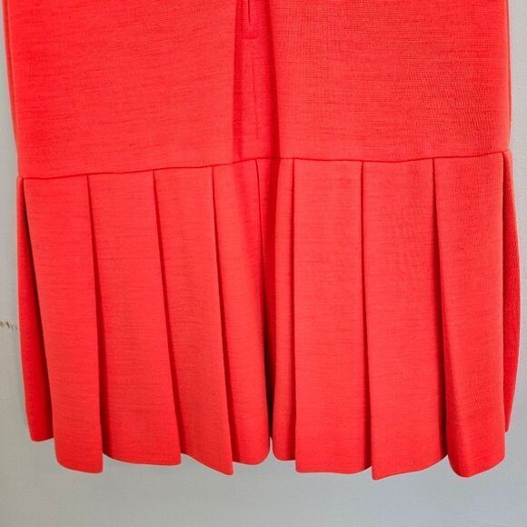 Vintage '60s Pleated Drop Waist Coral Sleeveless V-Neck Wool? Dress with Scarf 6 - Picture 6 of 15